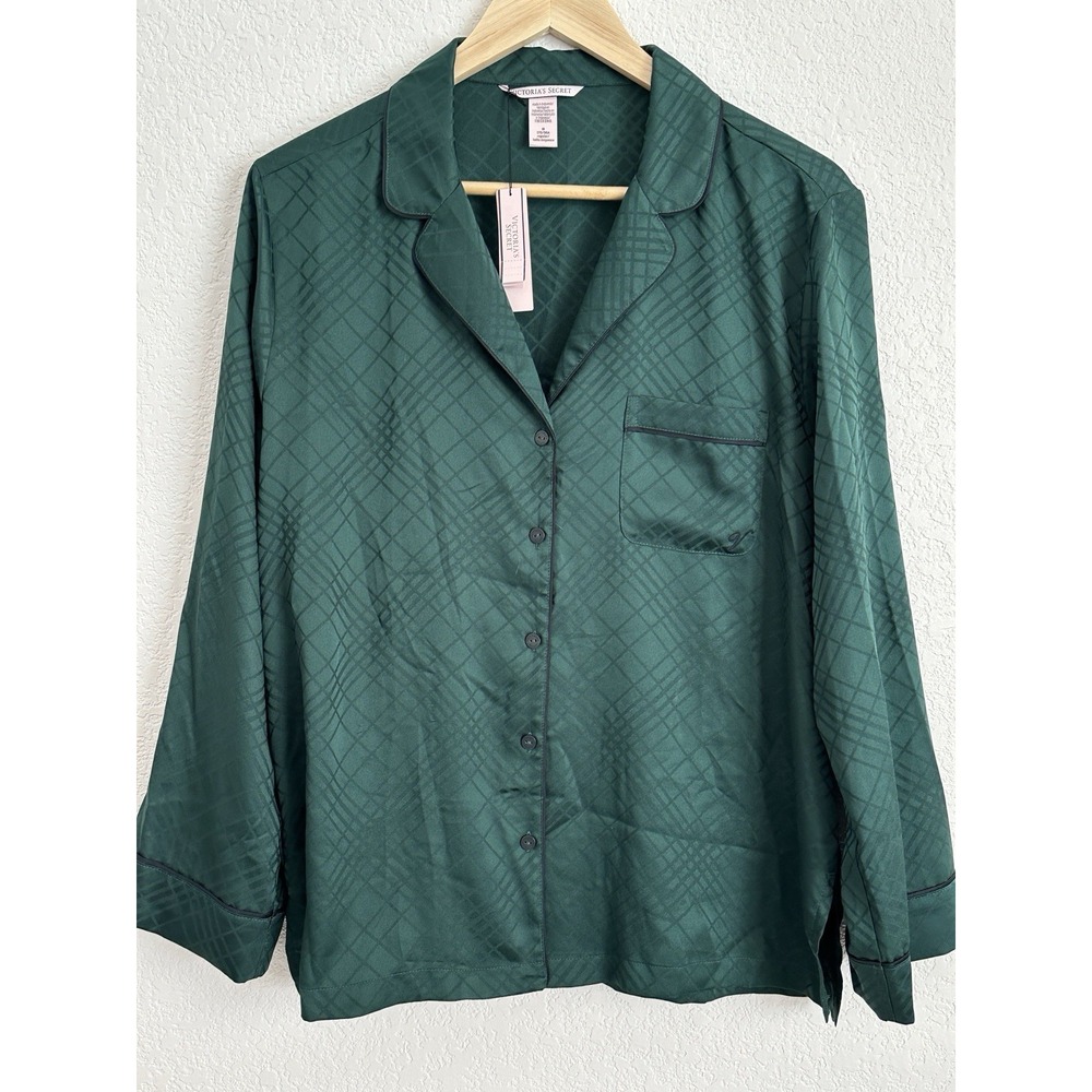 Victoria's Secret Satin Button Down Long Sleeve Pajama Top Only Green Medium NEW